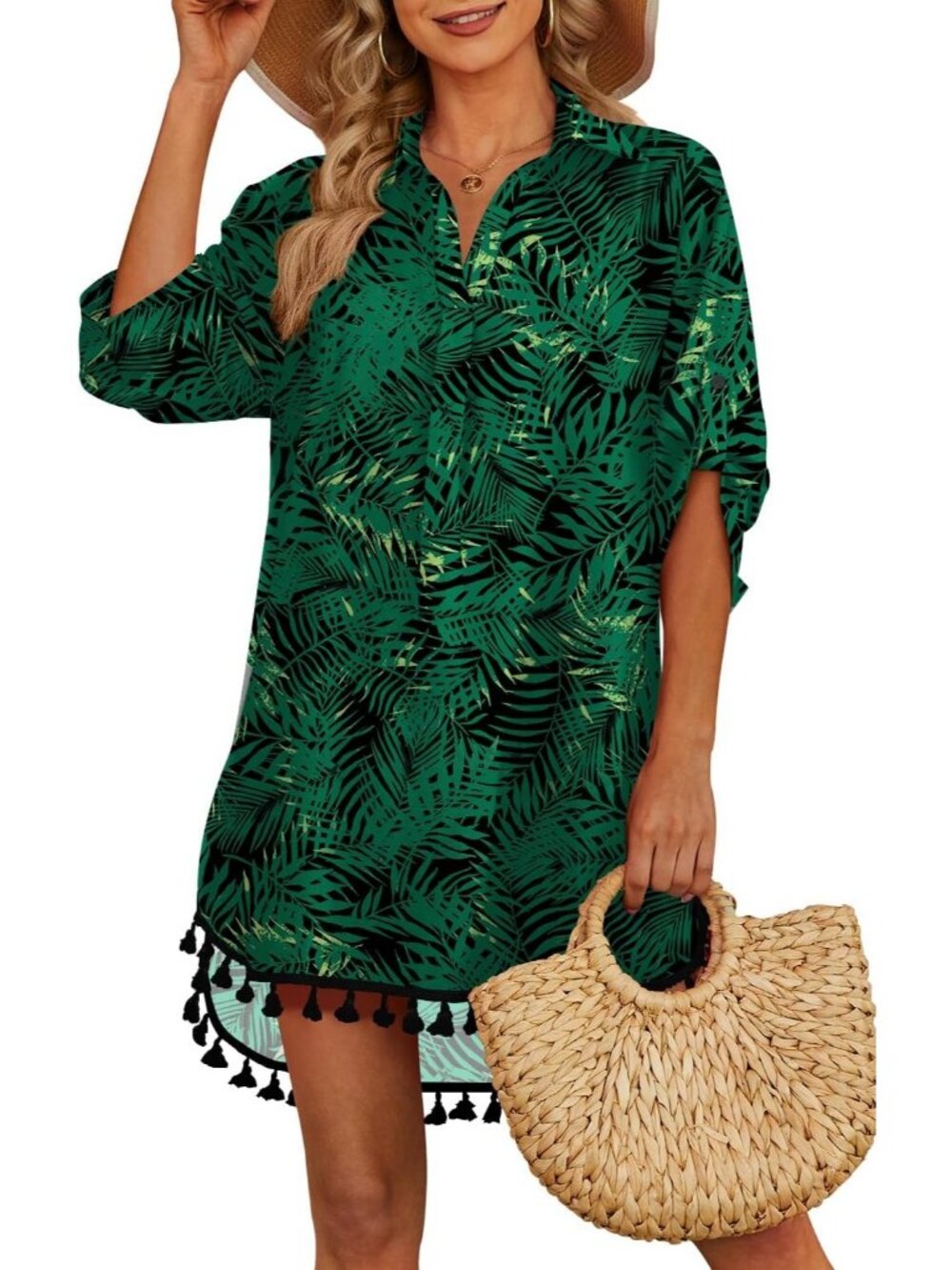 Women's Green Polyester Cover Up Tassel Swimsuit Beach Bathing Suit for Swimwear